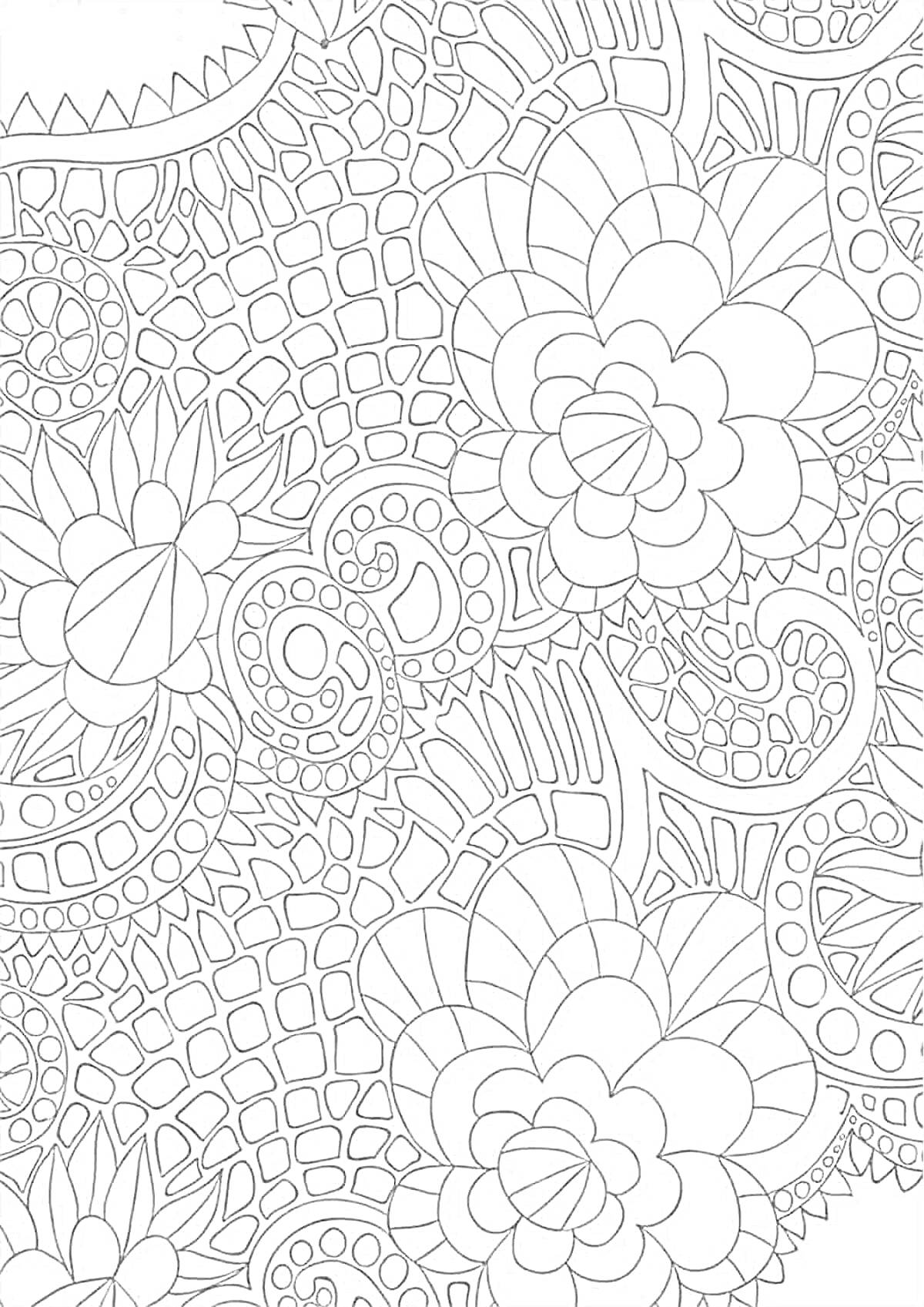 РаскраскаАбстрактный узор с цветами и геометрическими фигурами