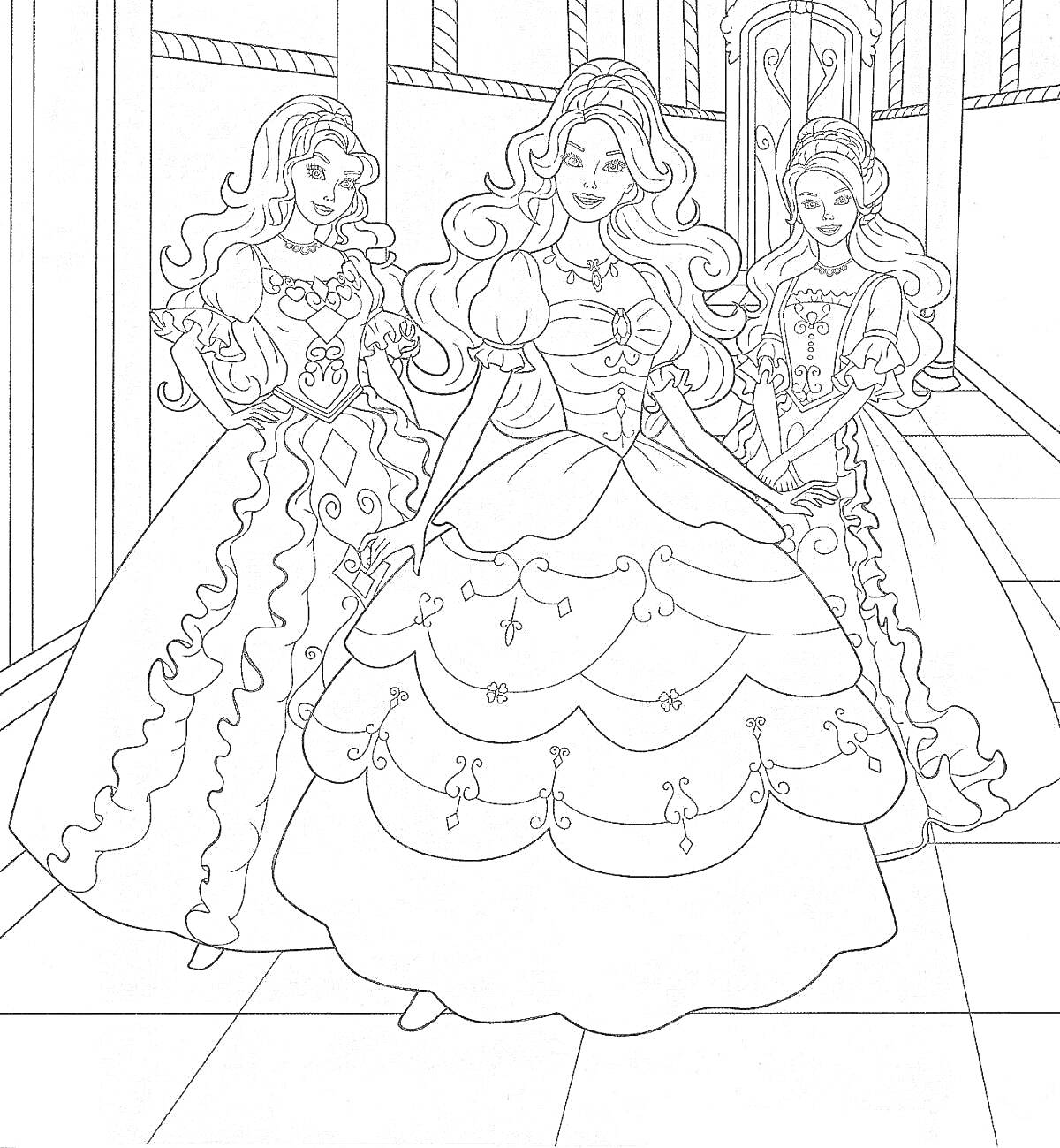 Раскраска с тремя Барби в пышных платьях на фоне дворца