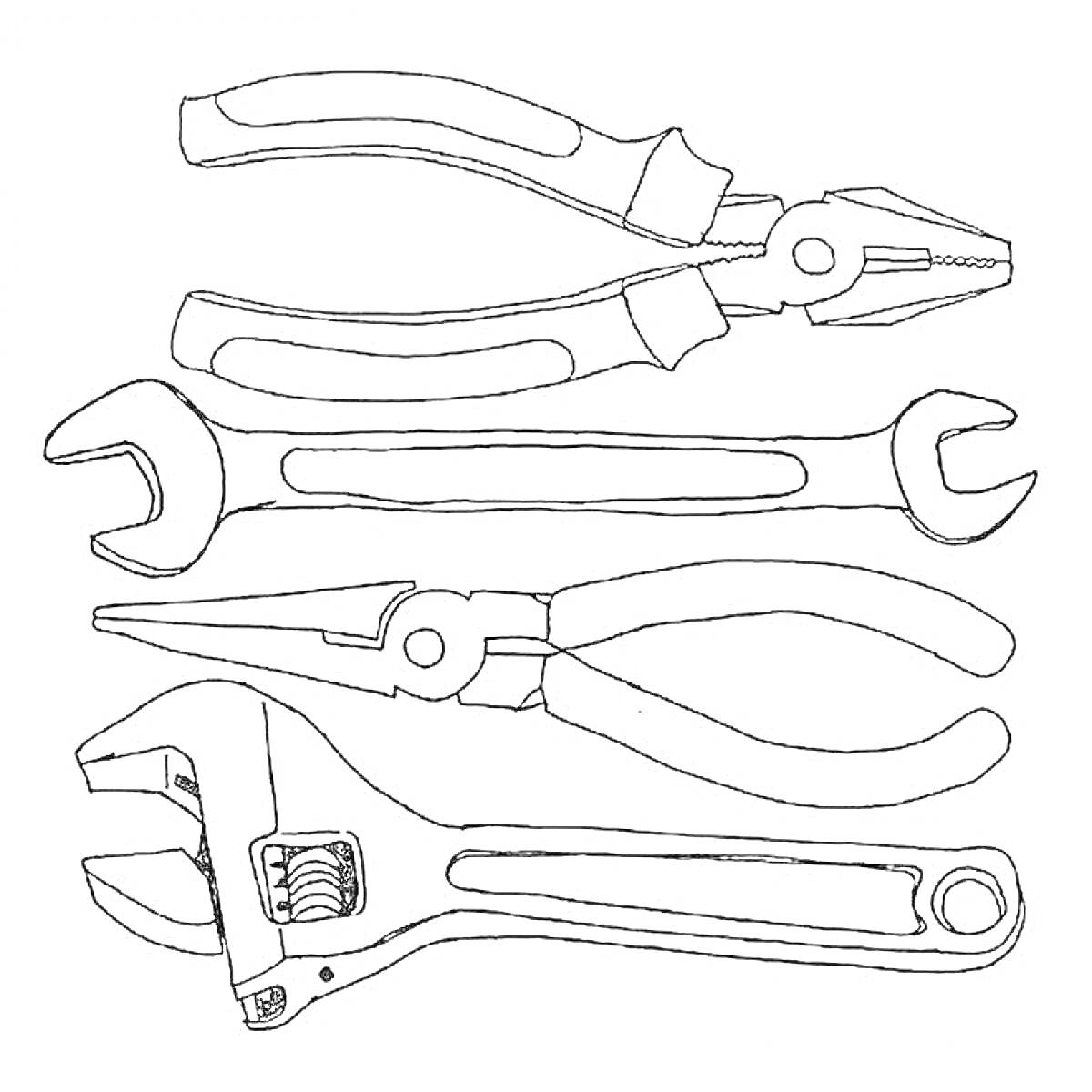 На раскраске изображено: Плоскогубцы, Ключ, Разводной ключ, Набор инструментов