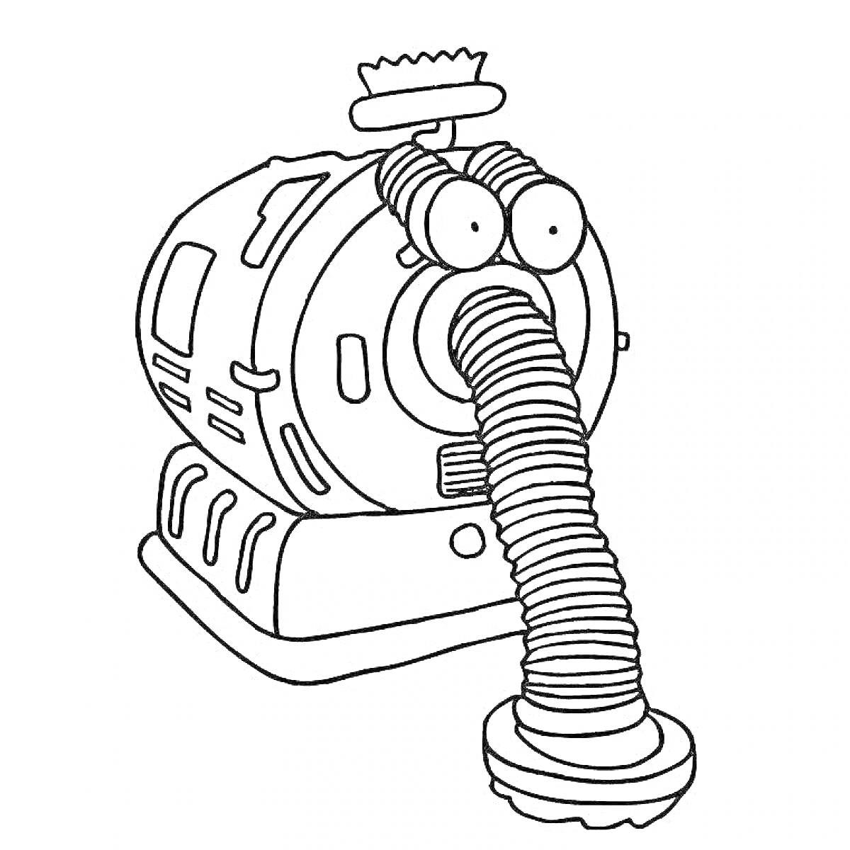 На раскраске изображено: Робот, Пылесос, Глаза, Щетка, Труба, Колёса, Техника