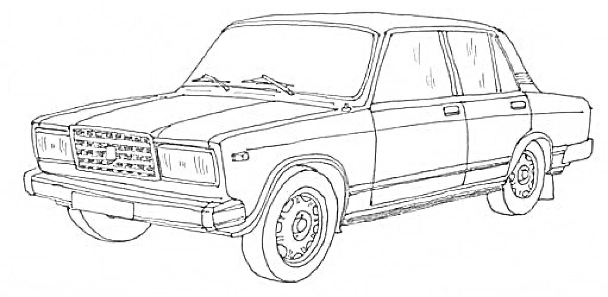 Машина семерка с лобовым стеклом, боковыми окнами, колесами, решеткой радиатора и фарами, контурный рисунок для раскраски