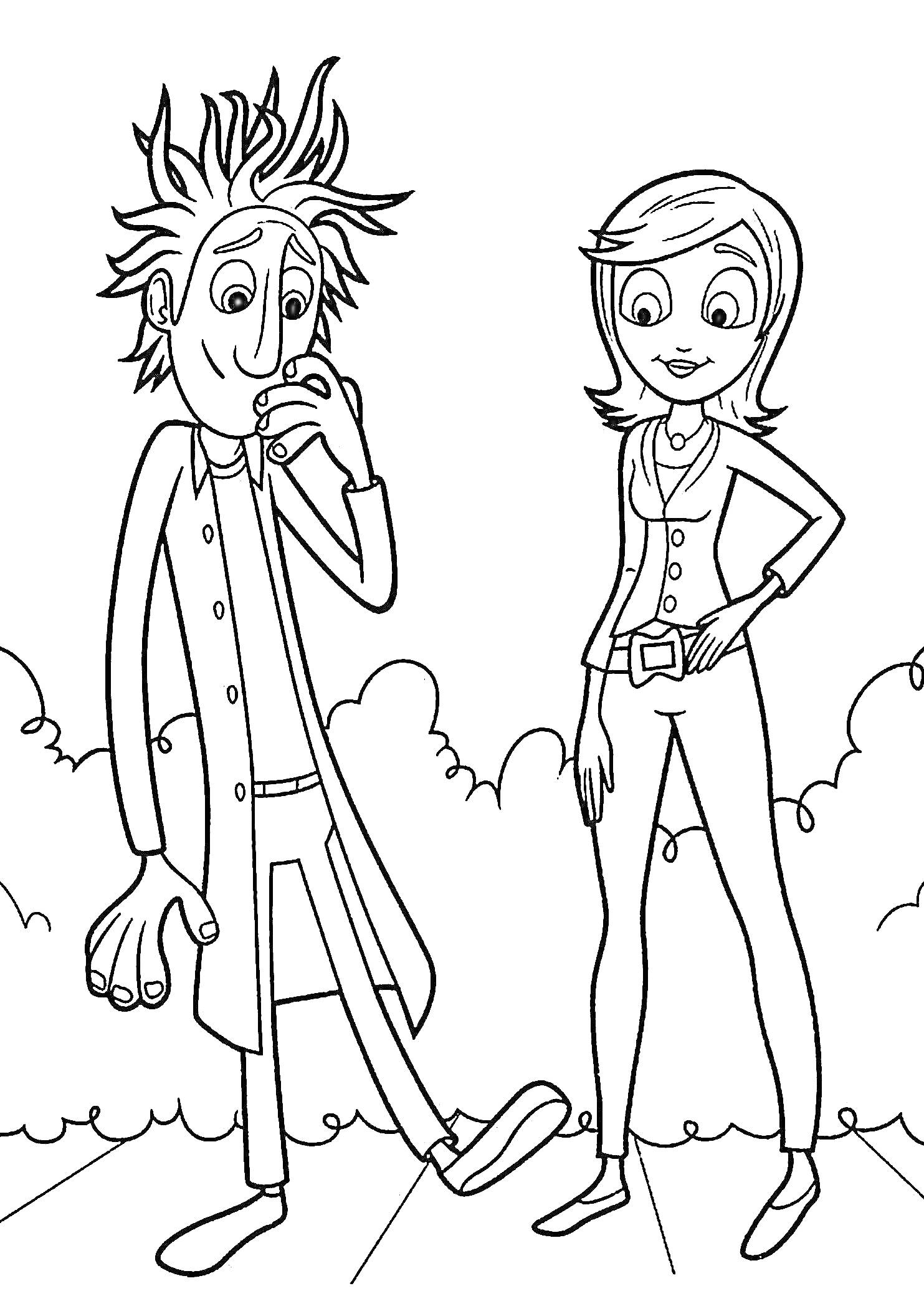 Раскраска Два персонажа из мультфильма, мужчина с взъерошенными волосами и в халате и женщина с короткими волосами на фоне облаков
