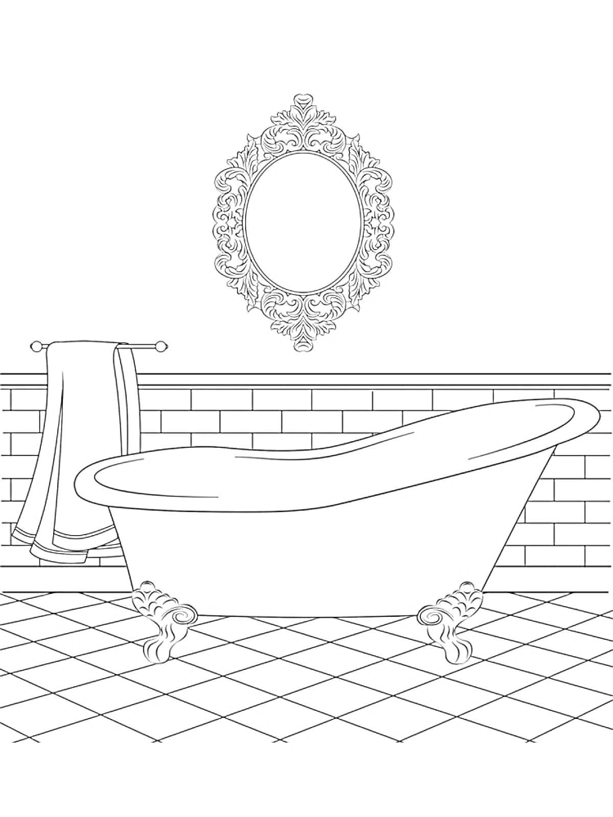 На раскраске изображено: Ванна, Зеркало, Полотенце, Плитка, Пол, Ванная комната, Кран