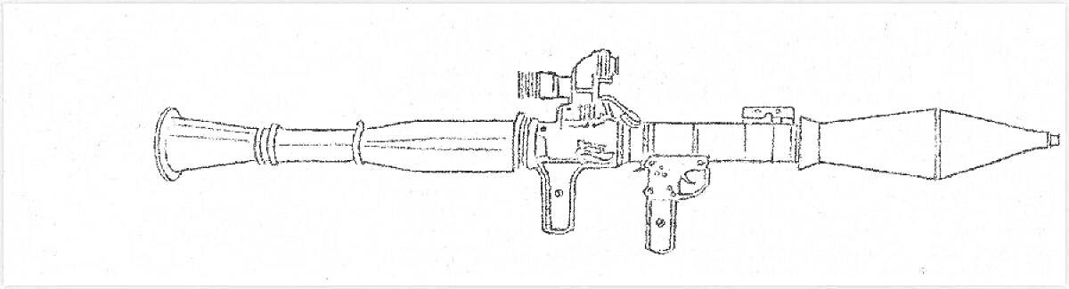 На раскраске изображено: Базука, Гранатомет, Ракета, Оружие, Прицел