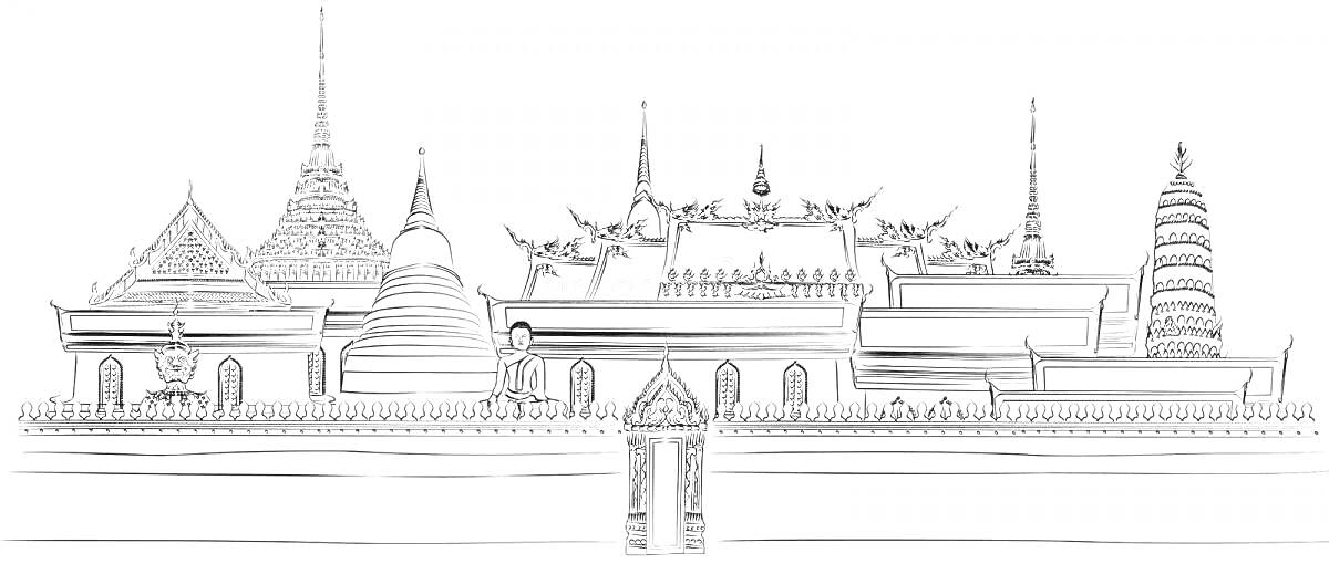Раскраска Храмовый комплекс в Таиланде с пагодами и орнаментальной архитектурой