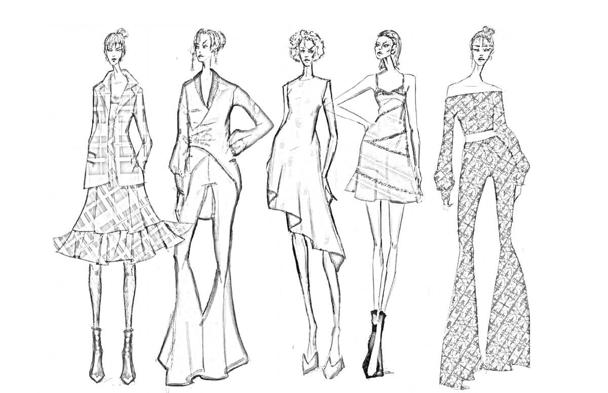 На раскраске изображено: Модель, Мода, Одежда, Дизайн, Модельер, Брюки, Юбки, Высокие каблуки, Женская мода