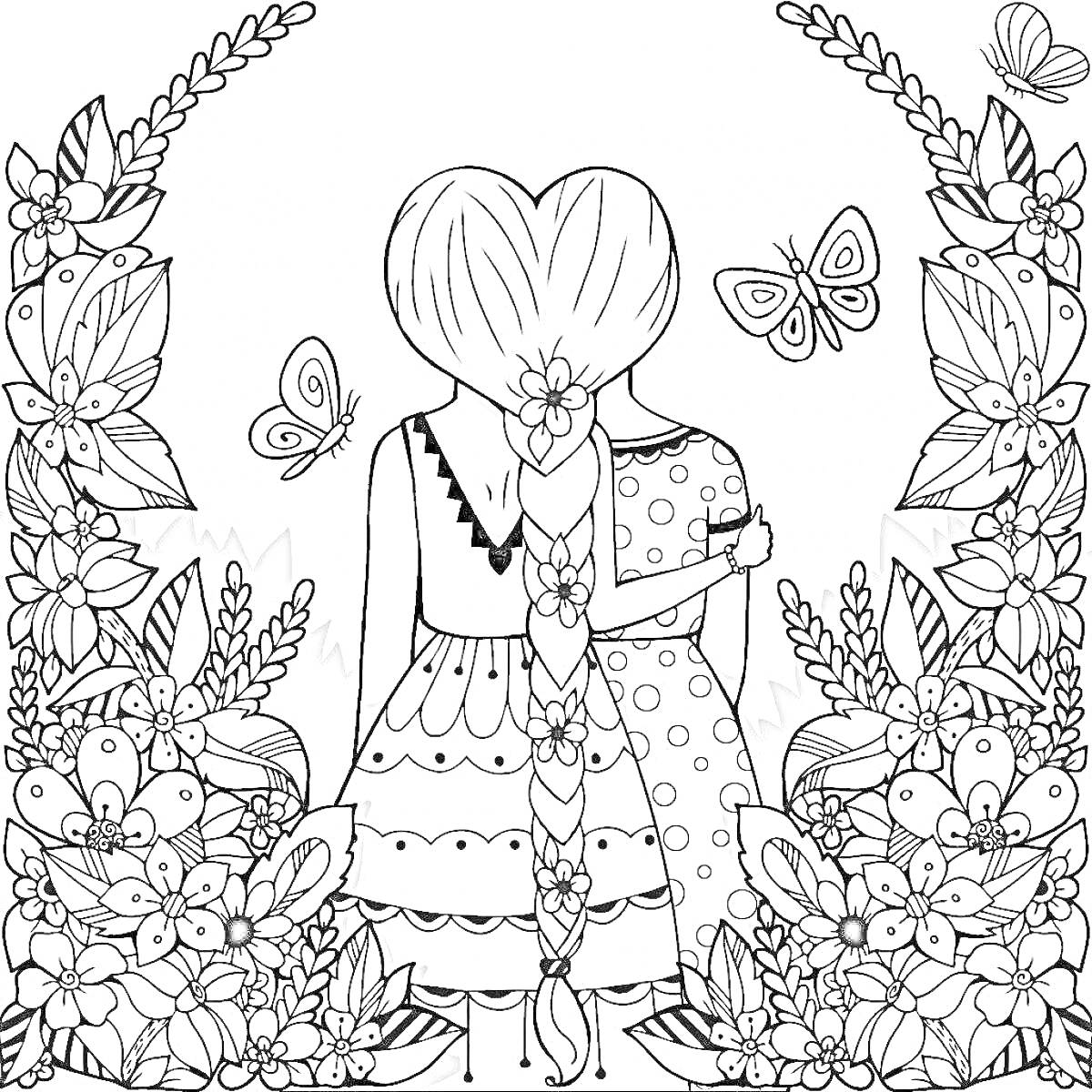 Раскраска Девочки со сплетенными сердцем волосами, цветы, бабочки, листья