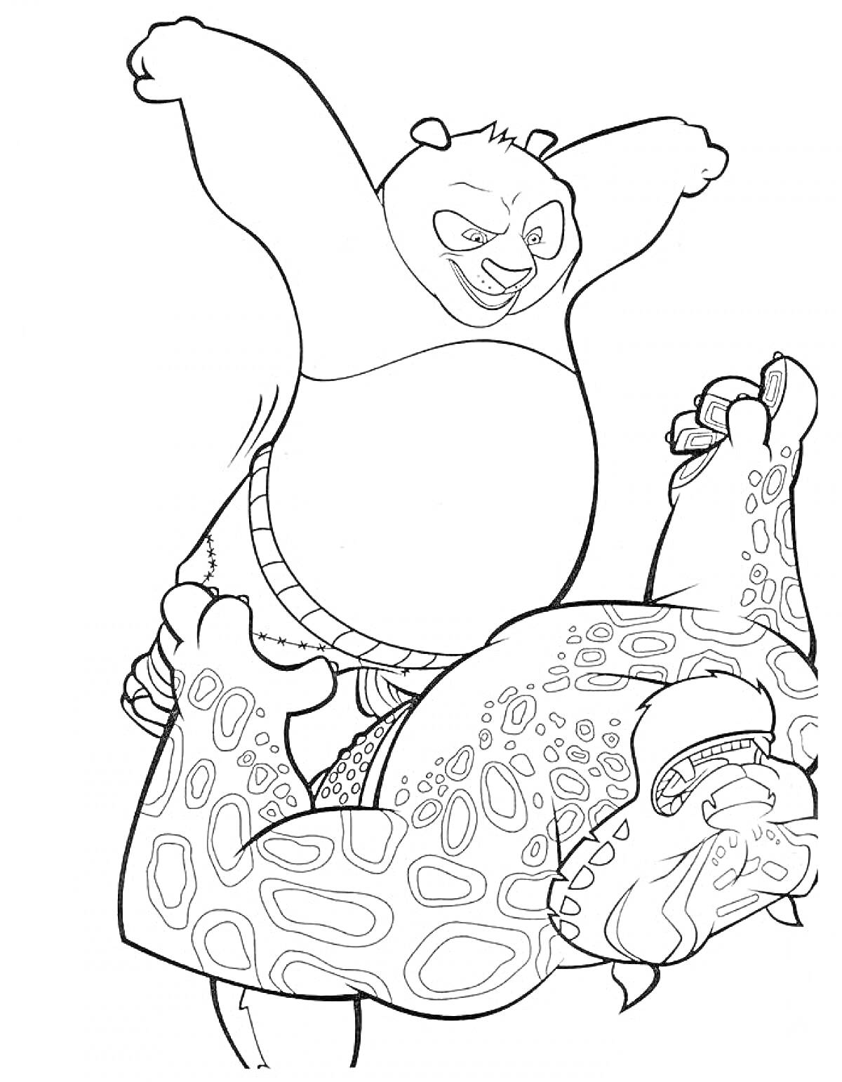 На раскраске изображено: Кунг-фу панда, Поединок, Леопард, Боевые искусства