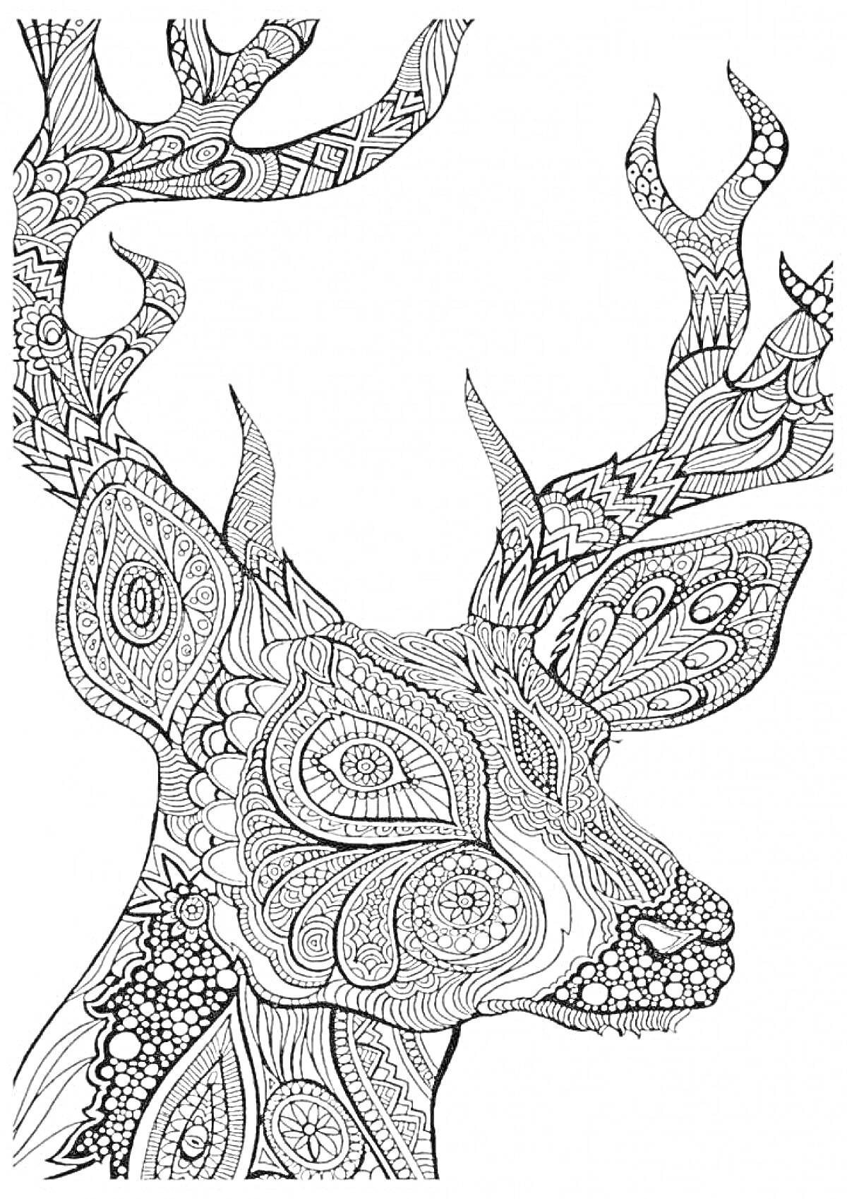 Рисунок головы оленя с детализированными узорами на рогах и теле