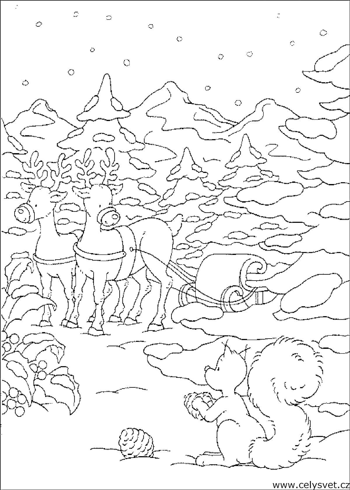 На раскраске изображено: Сани, Зимний лес, Белка, Снег, Деревья, Зима, Горы, Природа, Снегопад