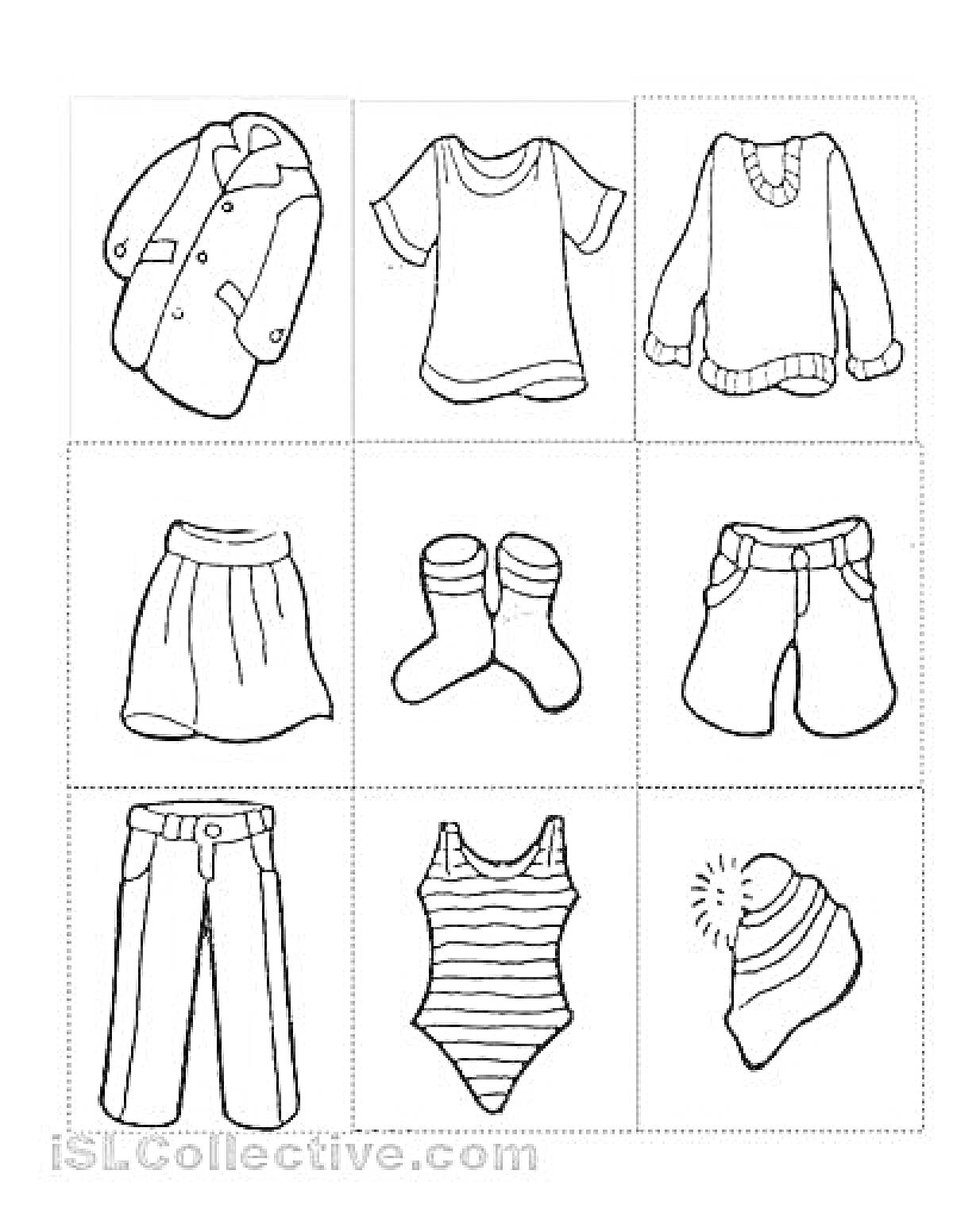 Раскраска Раскраска с летней одеждой: пальто, футболка, свитер, юбка, носки, шорты, штаны, купальник, шапка