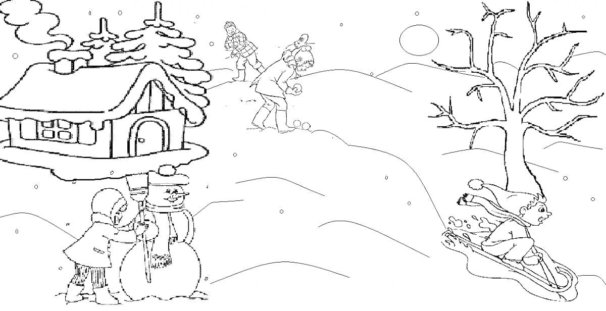 Раскраска Домик в лесу с детьми, лепящими снеговика, мальчиком на санях и катанием на коньках