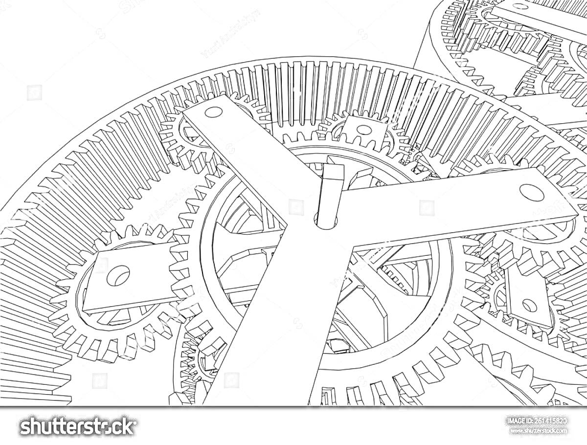 Раскраска Механизм с зубчатыми колесами и рычагами