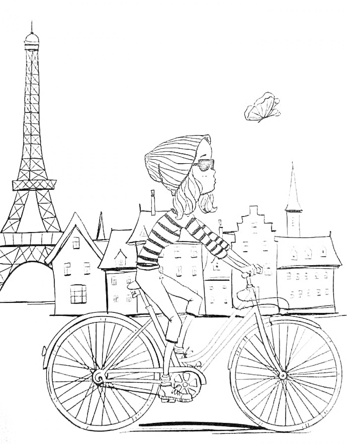 Девушка на велосипеде, Эйфелева башня, дома, летающая бабочка