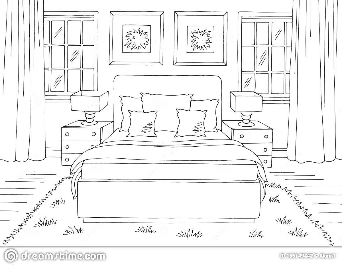 На раскраске изображено: Спальня, Ковер, Шторы, Окна, Мебель