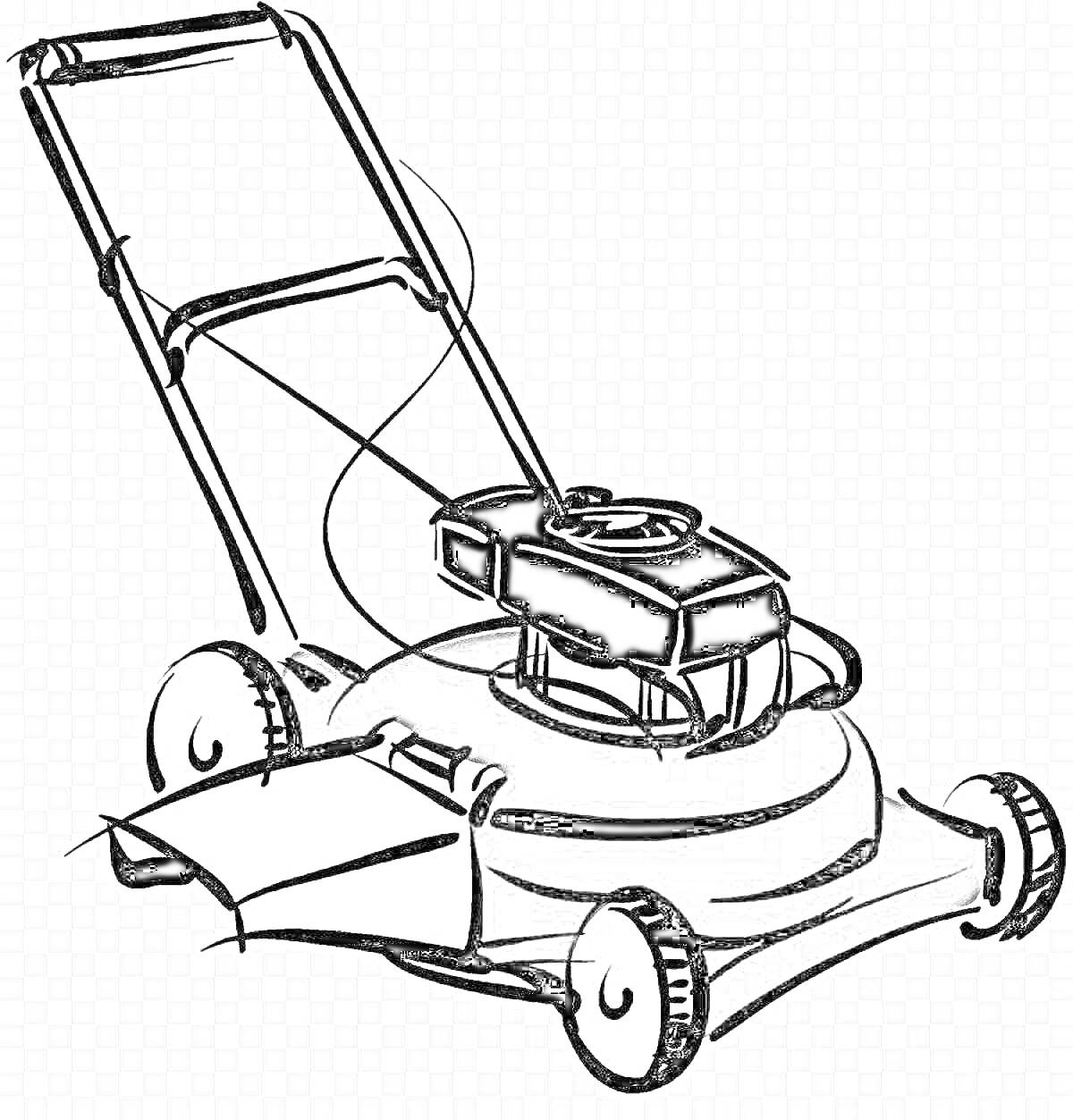 Раскраска Косилка с колесами, двигателем и ручкой для перемещения