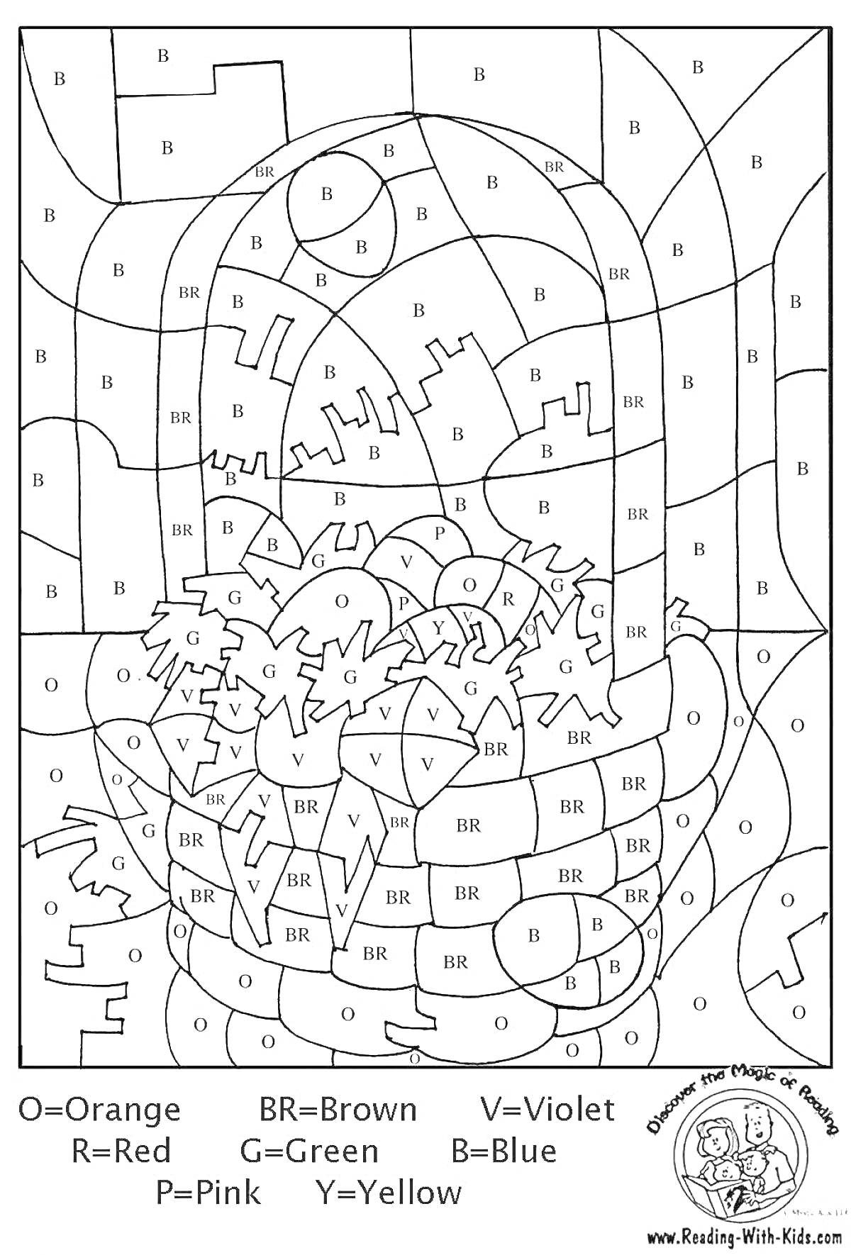 Раскраска Раскраска с корзиной и цветами по номерам с английскими обозначениями цветов