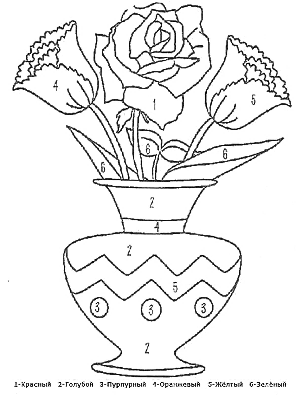 Раскраска Цветы в вазе с тюльпанами и розой