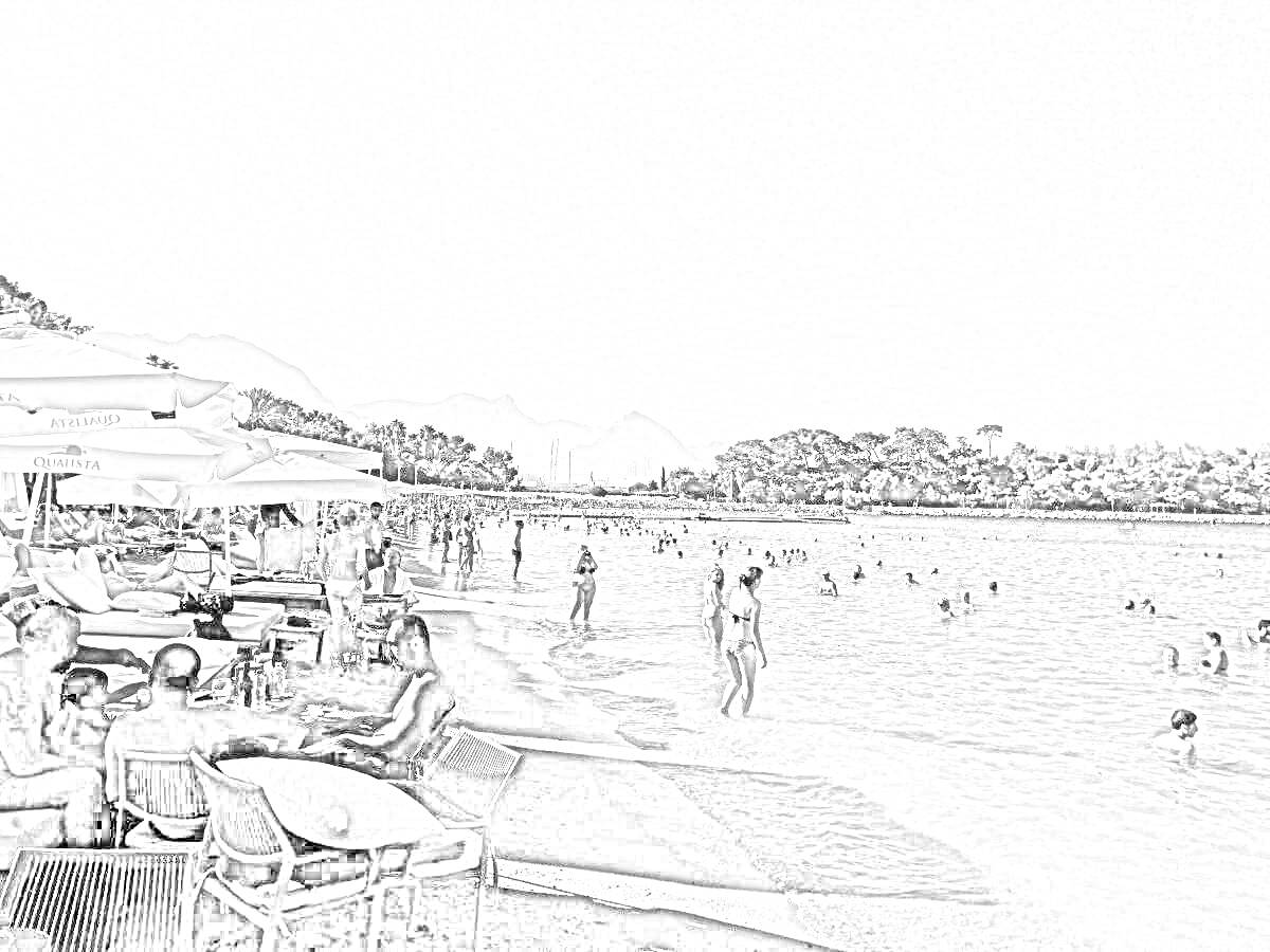 Раскраска Пляж с отдыхающими и зонтиками в Кемере