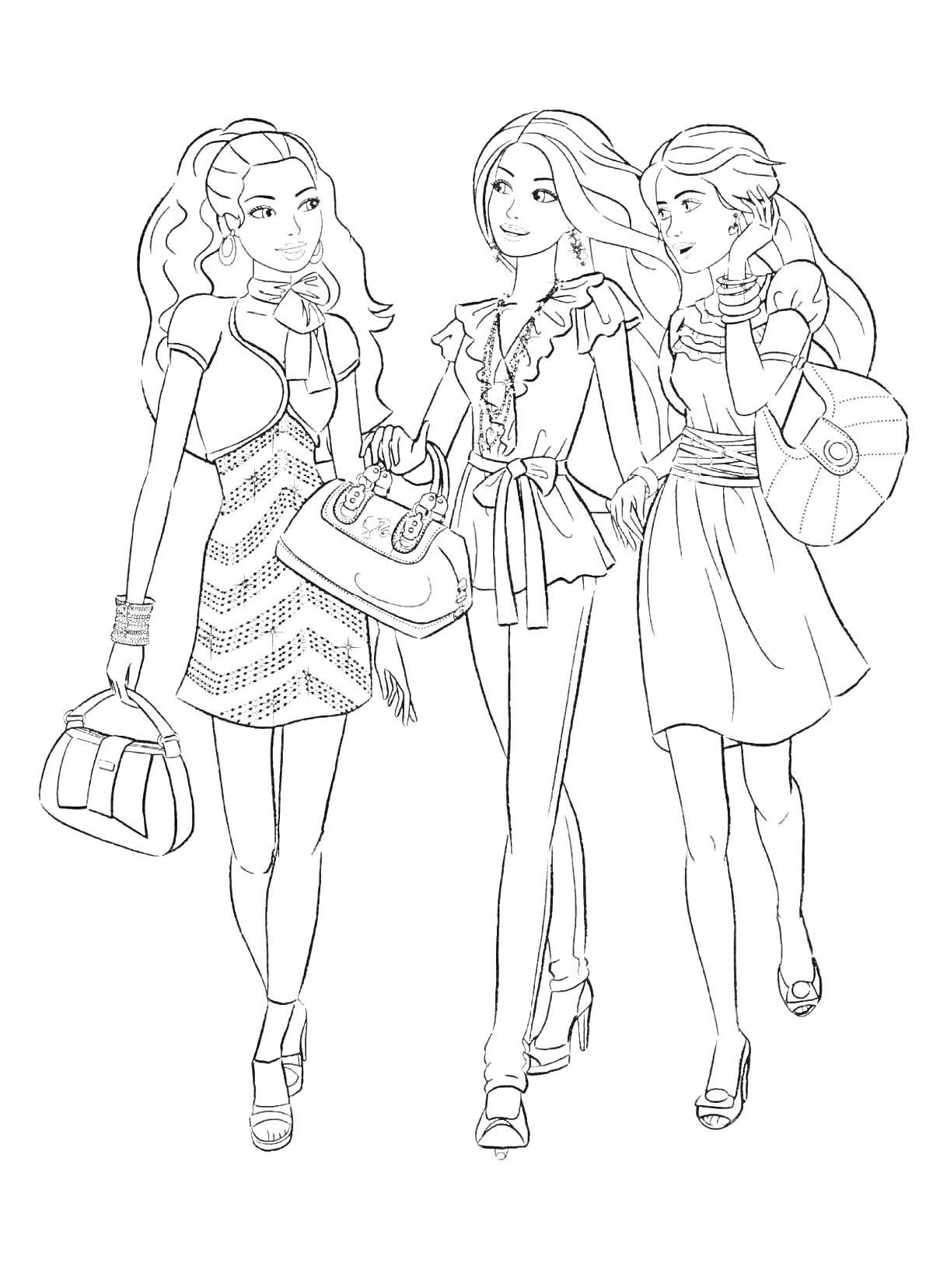 Раскраска Три подруги Барби с сумками и в нарядных одеждах