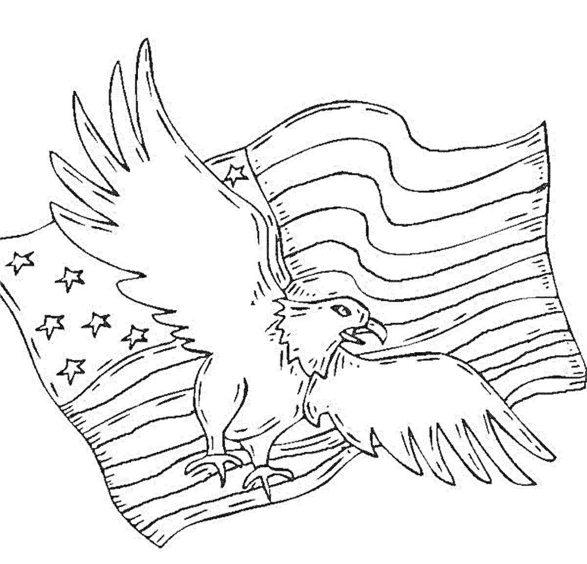 На раскраске изображено: Орел, Флаг, Звезды, Природа, Америка