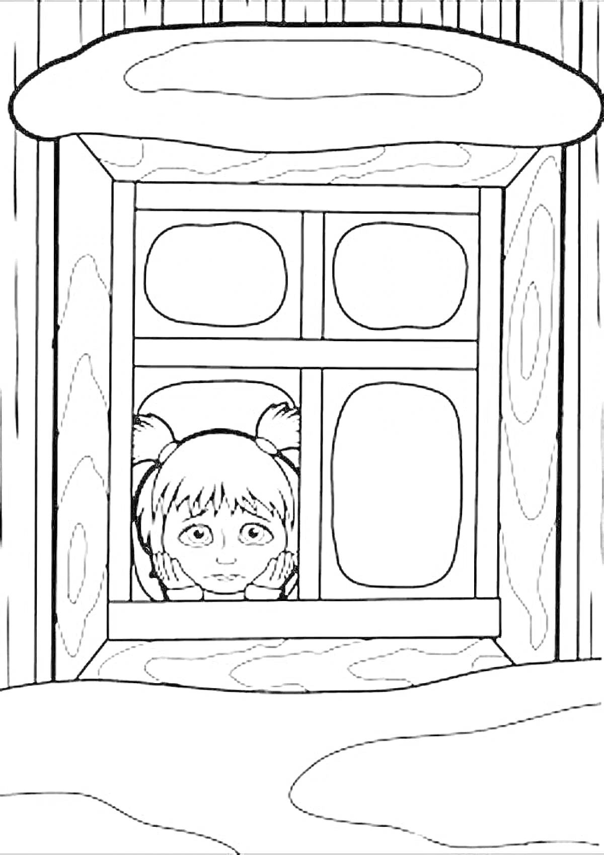 Раскраска Девочка с хвостиками смотрит в зимнее окно деревянного дома