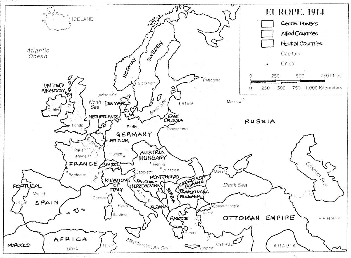 Карта Европы 1914 года со странами Центральных держав, Союзников и Нейтральными странами.