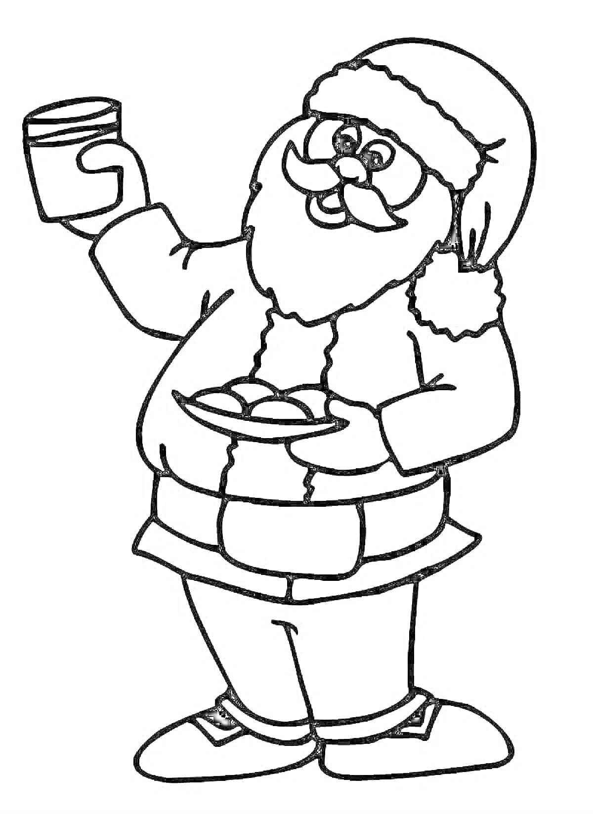 Раскраска Санта-Клаус с кружкой и печеньем