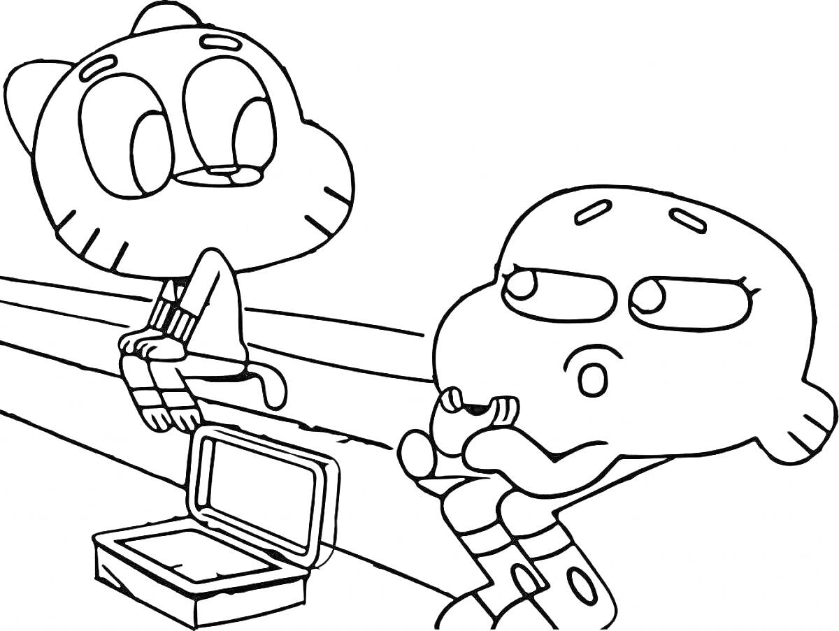 Раскраска Два персонажа Гамбола на скамейке с открытым чемоданом