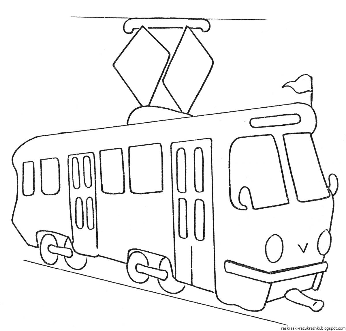 На раскраске изображено: Трамвай, 4 года, 5 лет, Транспорт, Электропоезд, Вагоны, Городской транспорт, Железнодорожные рельсы
