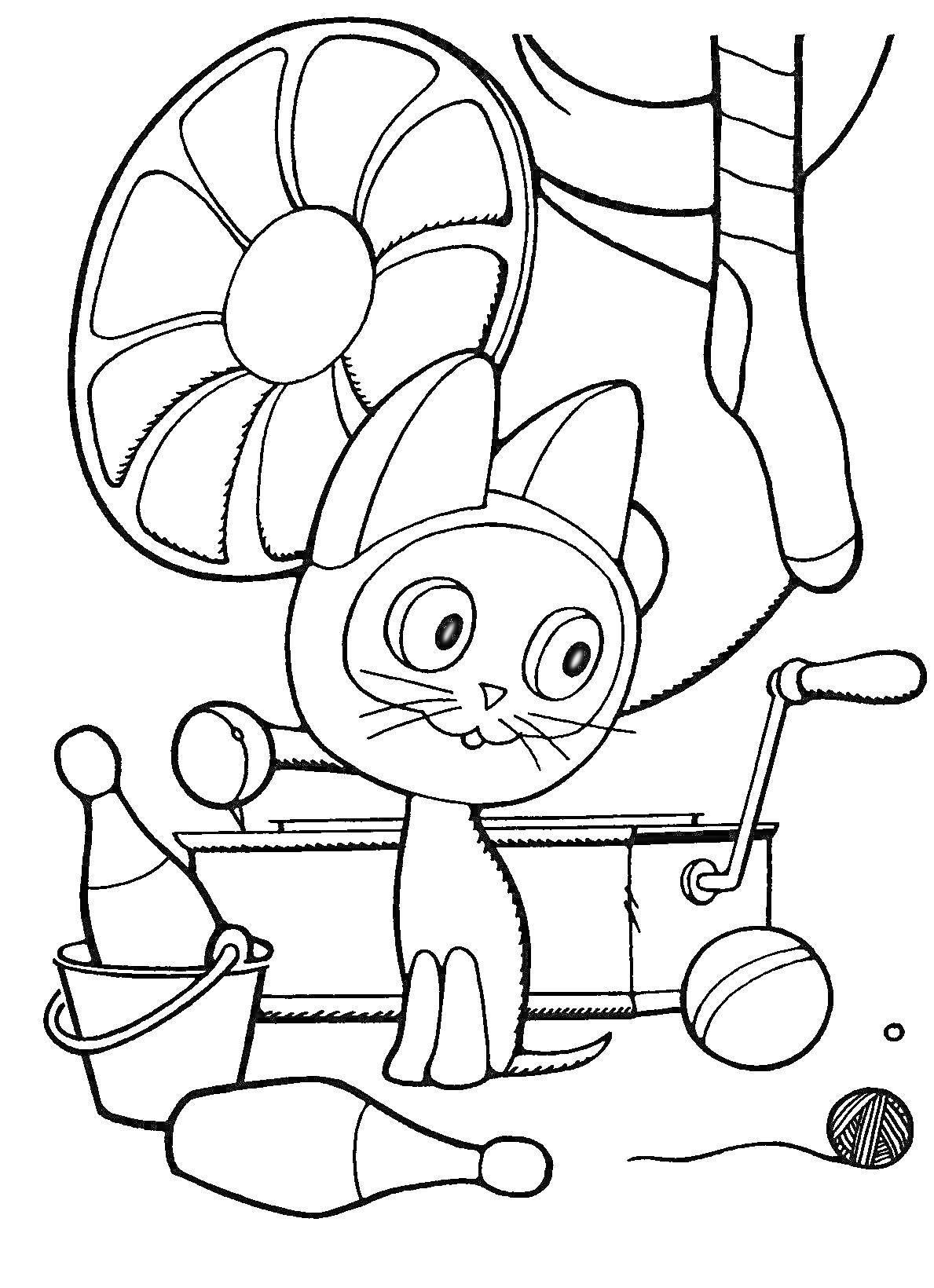 Раскраска Котёнок по имени Гав с барабаном, булавами и клубком ниток
