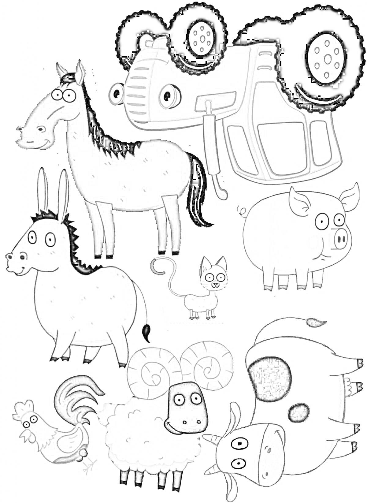 На раскраске изображено: Синий трактор, Лошадь, Осел, Кот, Баран, Корова, Животные, Ферма