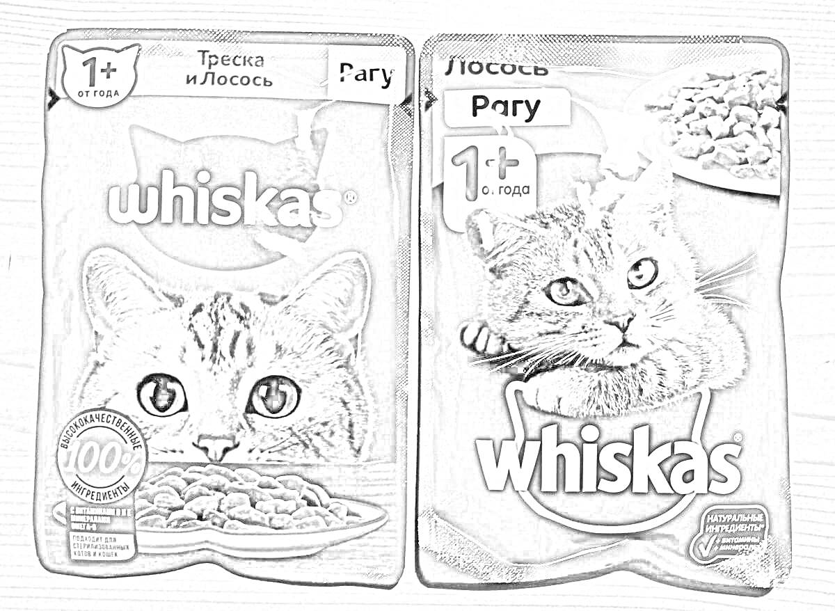 На раскраске изображено: Whiskas, Кот, Корм для кошек, Упаковка, Серый кот, Лосось