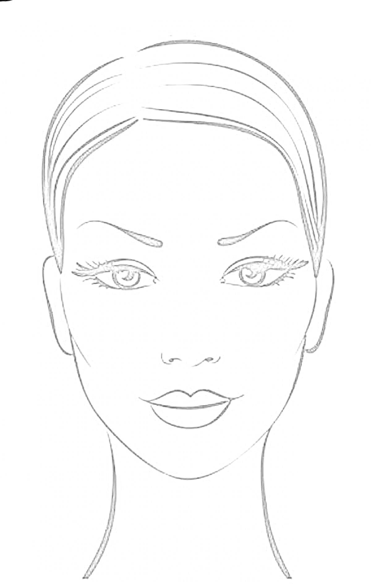 Раскраска Лицо для макияжа с чётко очерченными чертами: волосы, брови, глаза с ресницами, нос, губы.