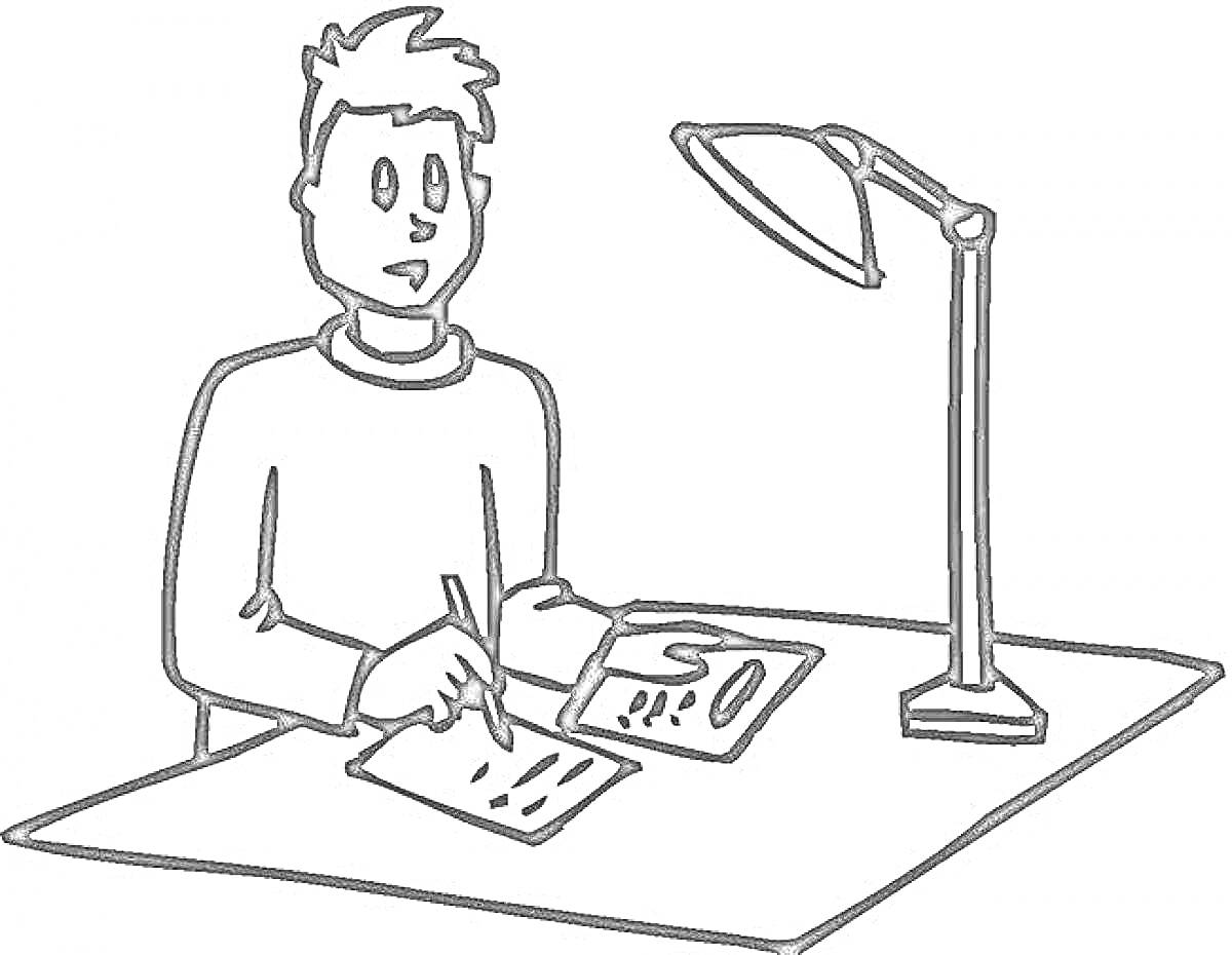 Раскраска Человек за столом с бумагами и настольной лампой