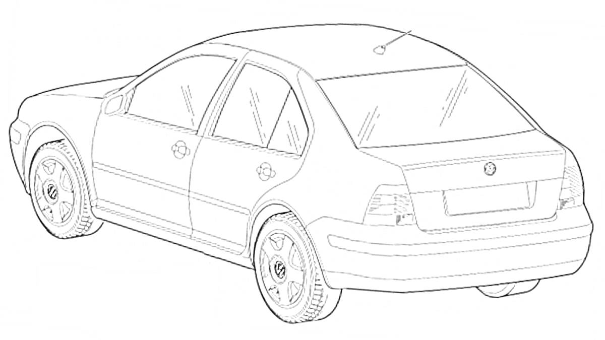 Раскраска Раскраска фольксваген гольф, вид сзади, 4-дверный седан, окна, колёса, антенна