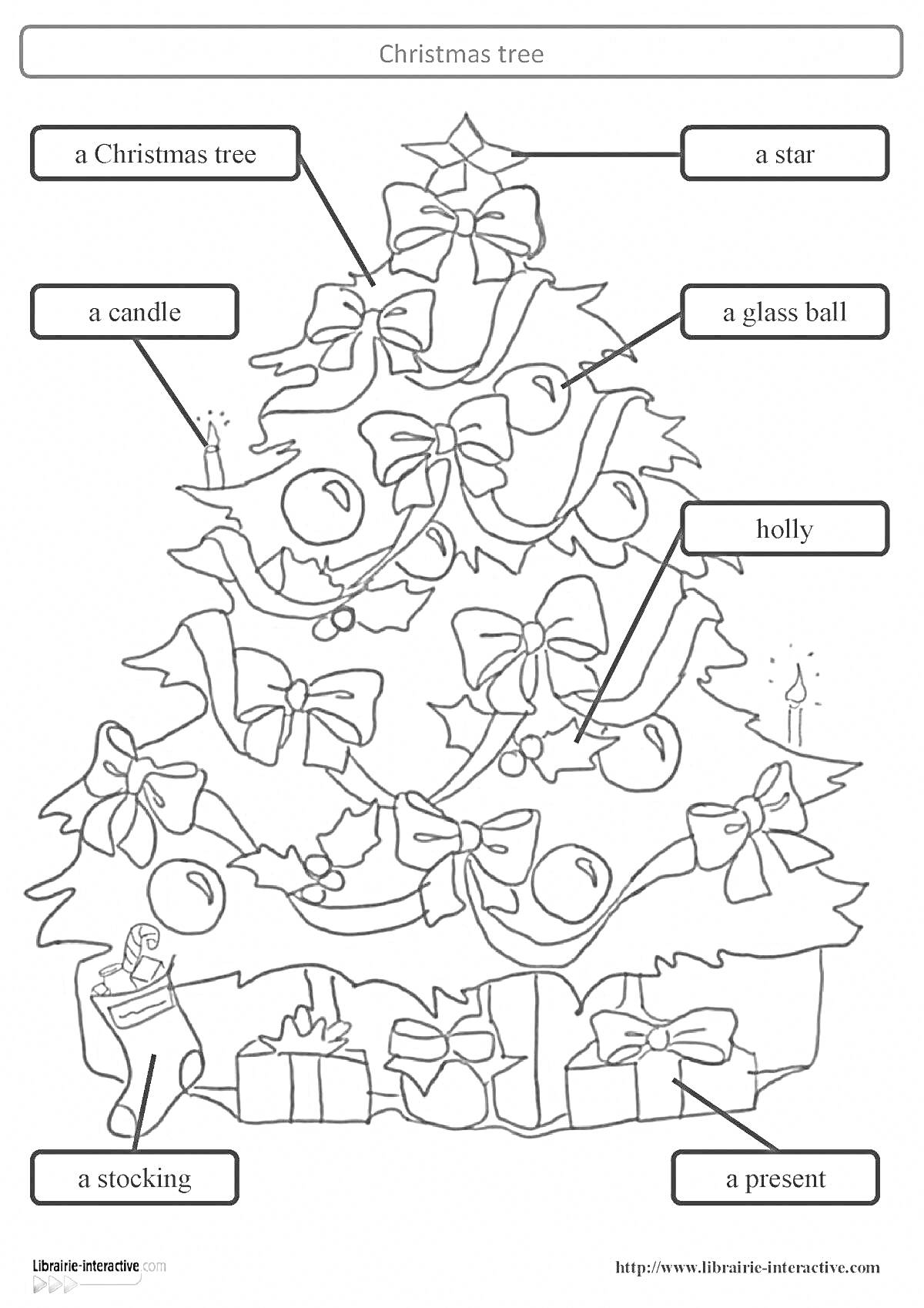 Раскраска Christmas tree with a star, a candle, a glass ball, holly, a stocking, and presents