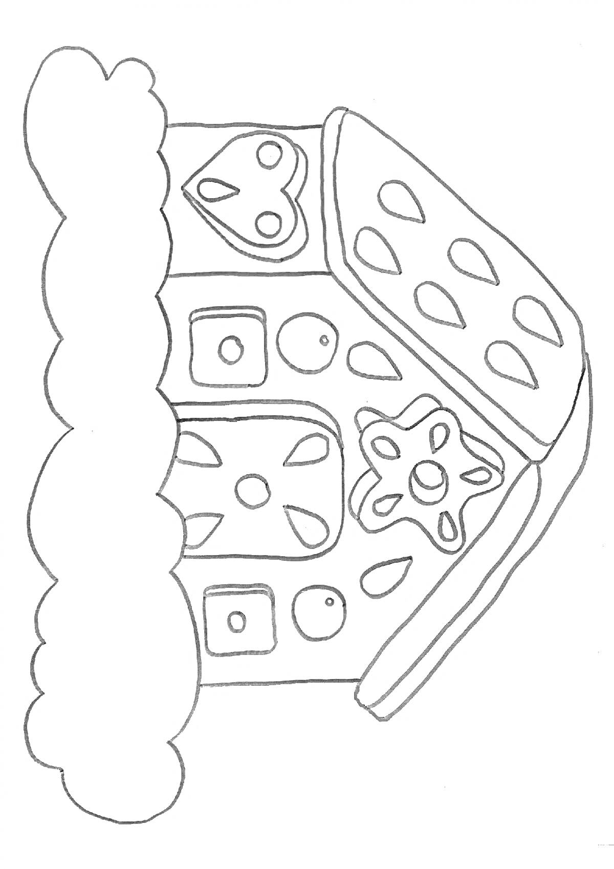 Раскраска Рукавичка домик с окнами, дверью и декоративными элементами в виде сердец и цветков.