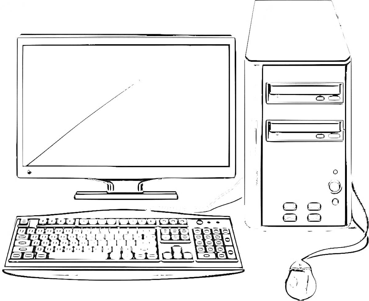 Раскраска Компьютер с монитором, клавиатурой и мышью