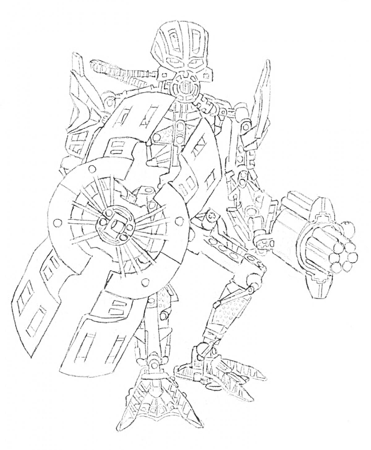 На раскраске изображено: Бионикл, Робот, Щит, Оружие, Конструкция, Меха