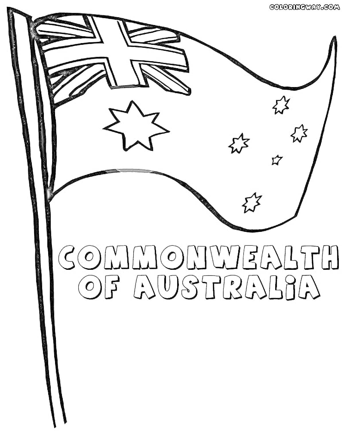 Раскраска Раскраска с изображением флага Австралии на флагштоке и текстом 