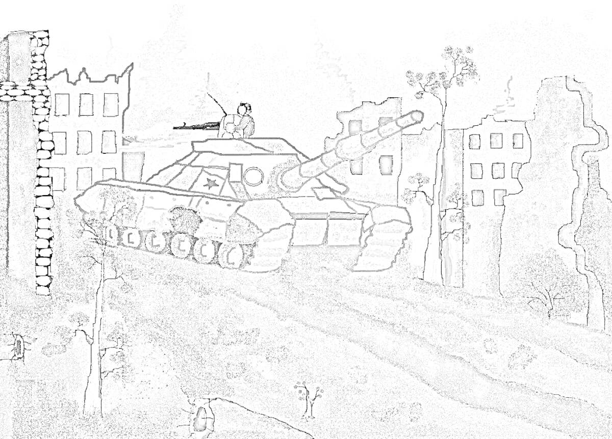Раскраска Танковый бой среди разрушенных зданий в Сталинградской битве