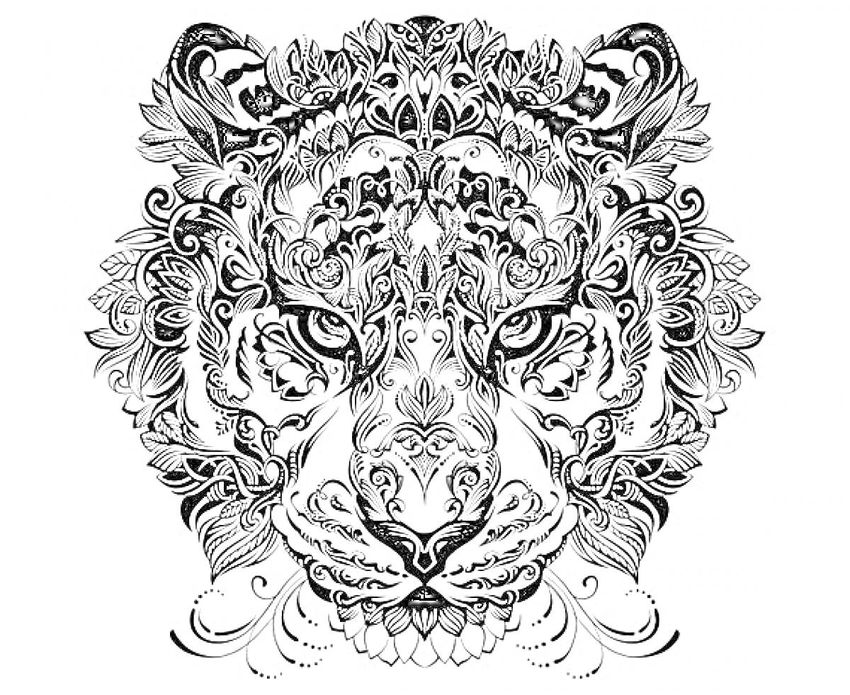 Раскраска Антистресс раскраска тигра с элементами орнамента в стиле дудлинг