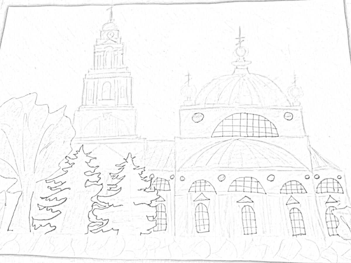 Раскраска Соборная площадь с видом на Христорождественский кафедральный собор в Липецке. На изображении видны купола и колокольня собора, несколько елок и деревьев.
