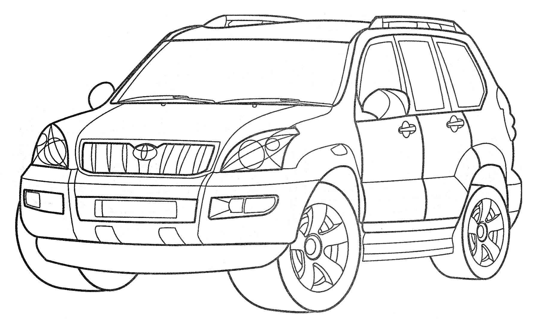 Тойота внедорожник с четырьмя дверями, решеткой радиатора, фарами, зеркалами заднего вида и колесами