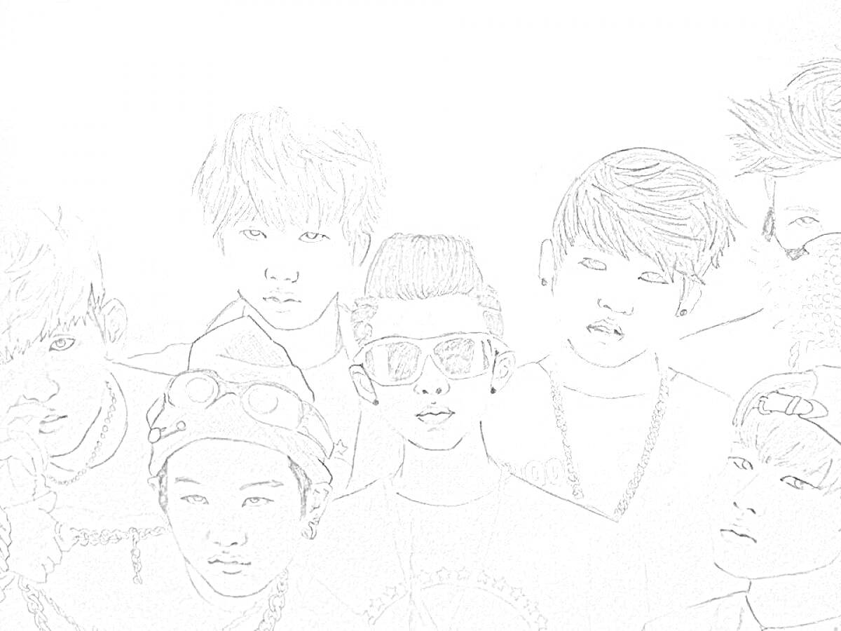 На раскраске изображено: BTS, Группа, Участники, Очки, Шапка