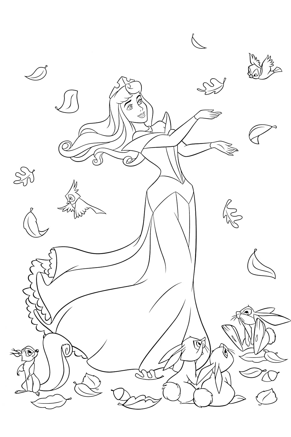 Раскраска Принцесса Аврора с животными и осенними листьями