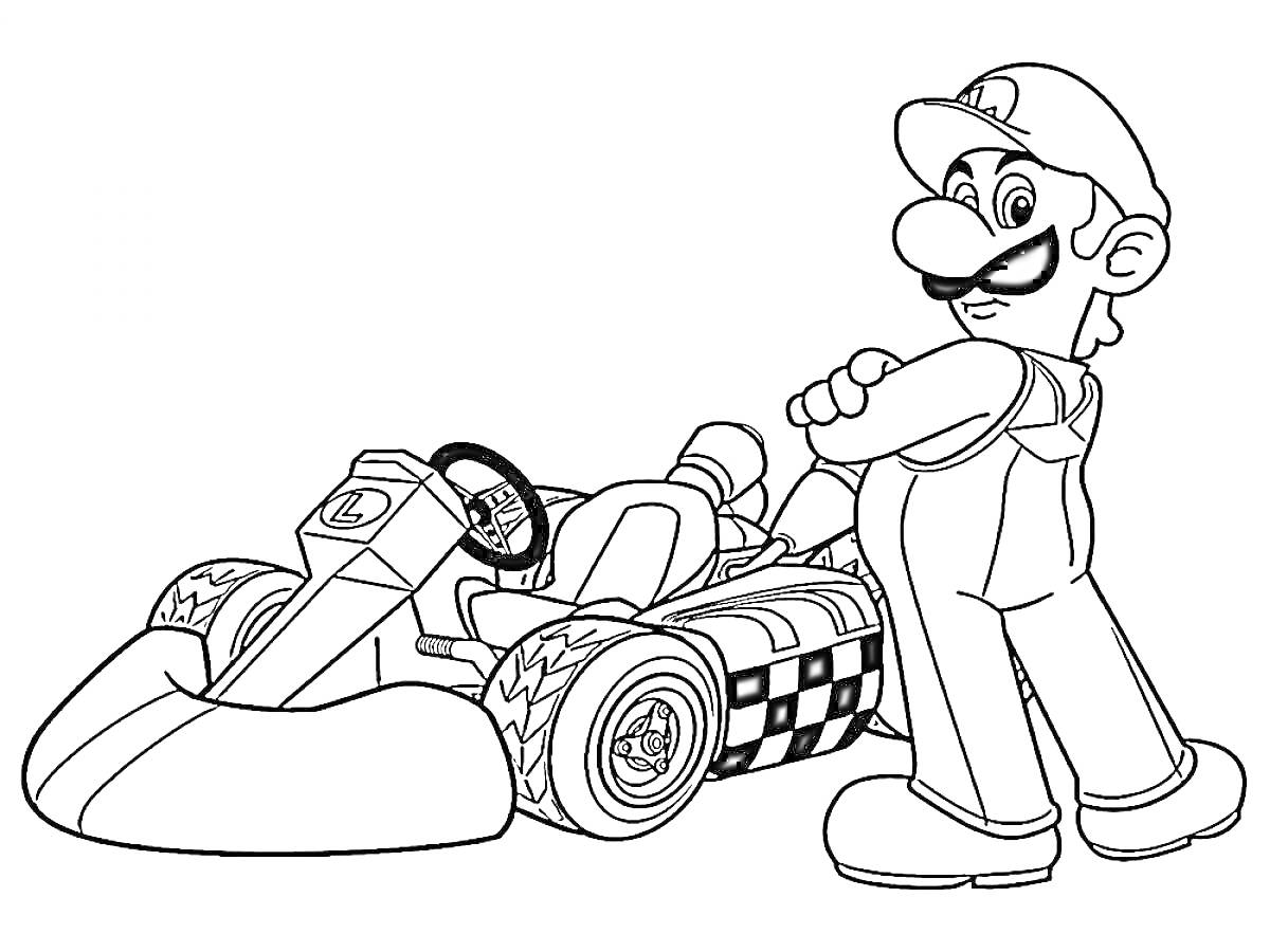 Раскраска Марио с гоночной машиной, гоночный карт, персонаж в кепке и комбинезоне