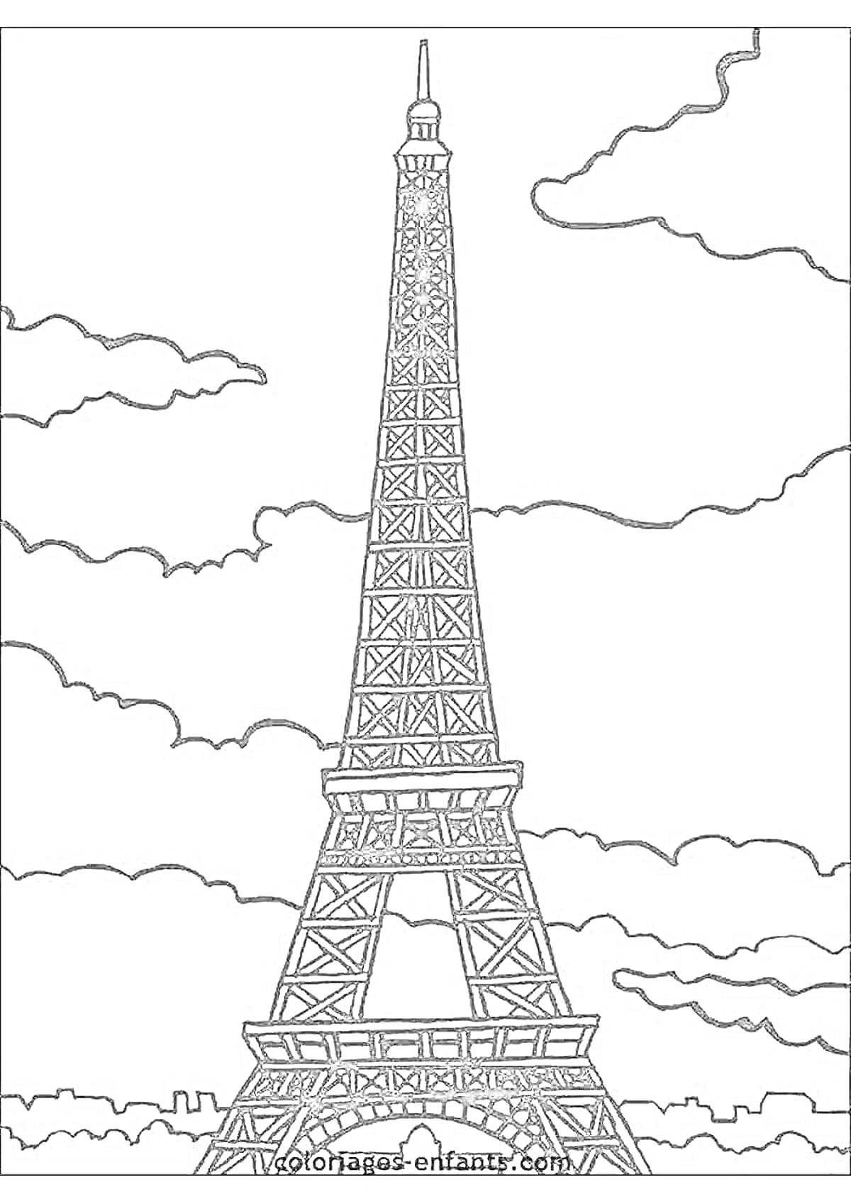 На раскраске изображено: Архитектура, Облака, Париж, Франция