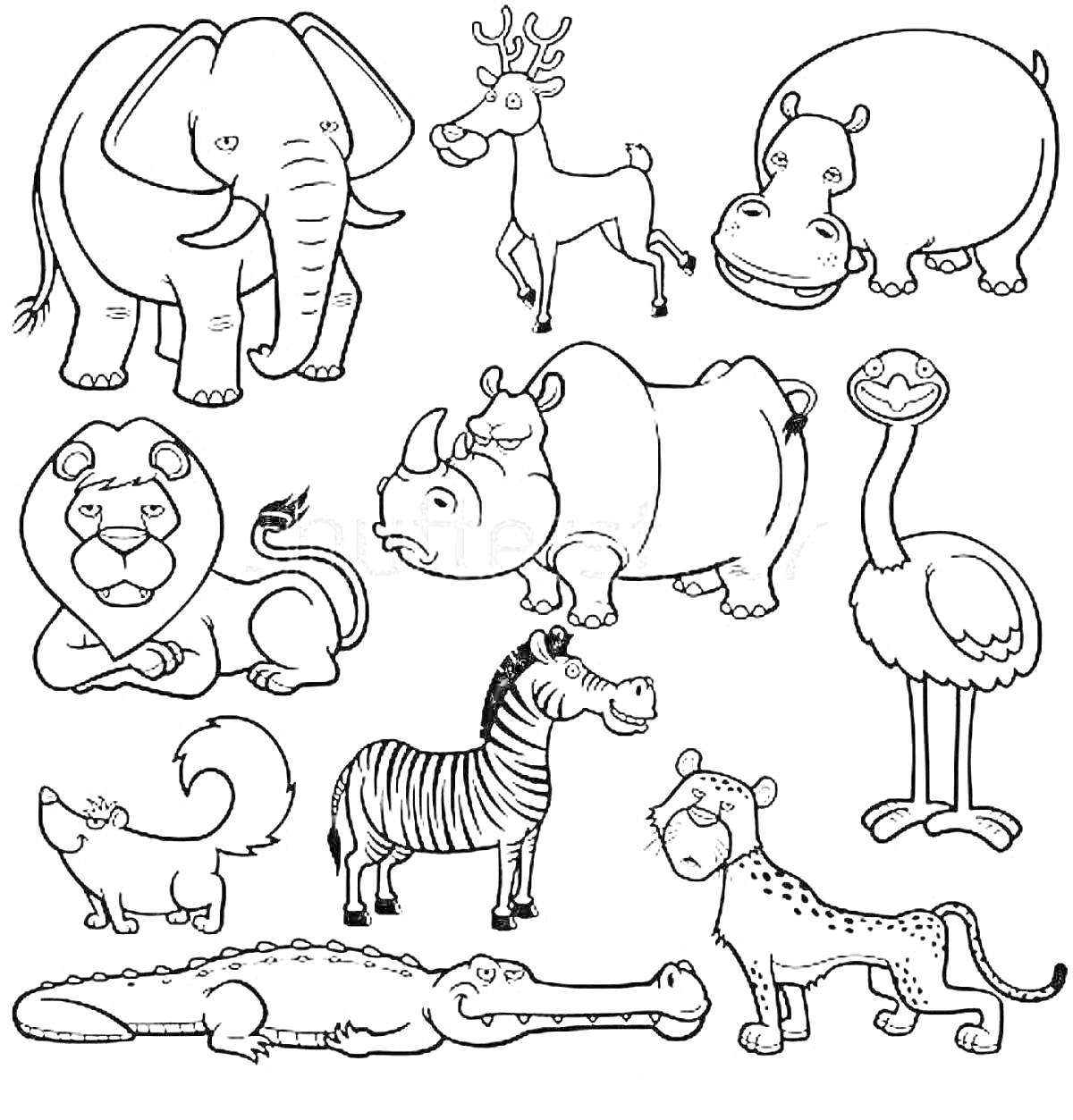 Раскраска Раскраска с изображением животных: слон, олень, бегемот, лев, носорог, страус, лиса, зебра, крокодил, гепард